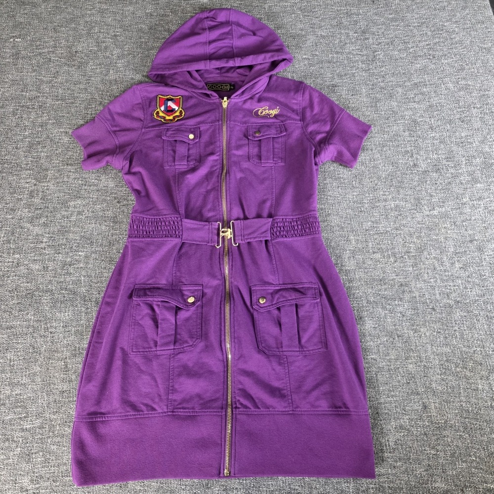 Coogi Purple Hooded Zip Front Utility Dress Belted Y2K Cotton Womens Size L